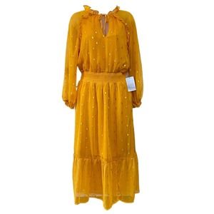 NWT NSR Gold Yellow Metallic Gold Dots Ruffles Sheer High Neck Maxi Dress Medium